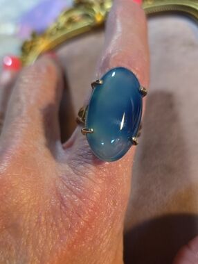 Vintage Blue Agate Oval Cabochon Statement Ring - Adjustable